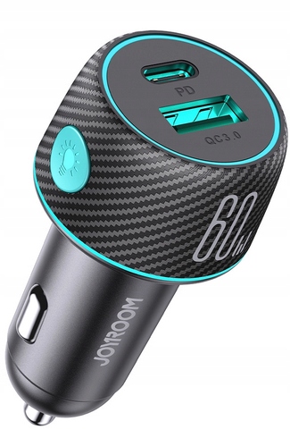 ŁADOWARKA SAMOCHODOWA 60W Z PORTAMI USB-C USB-A PODŚWIELTENIE JR-CCN01