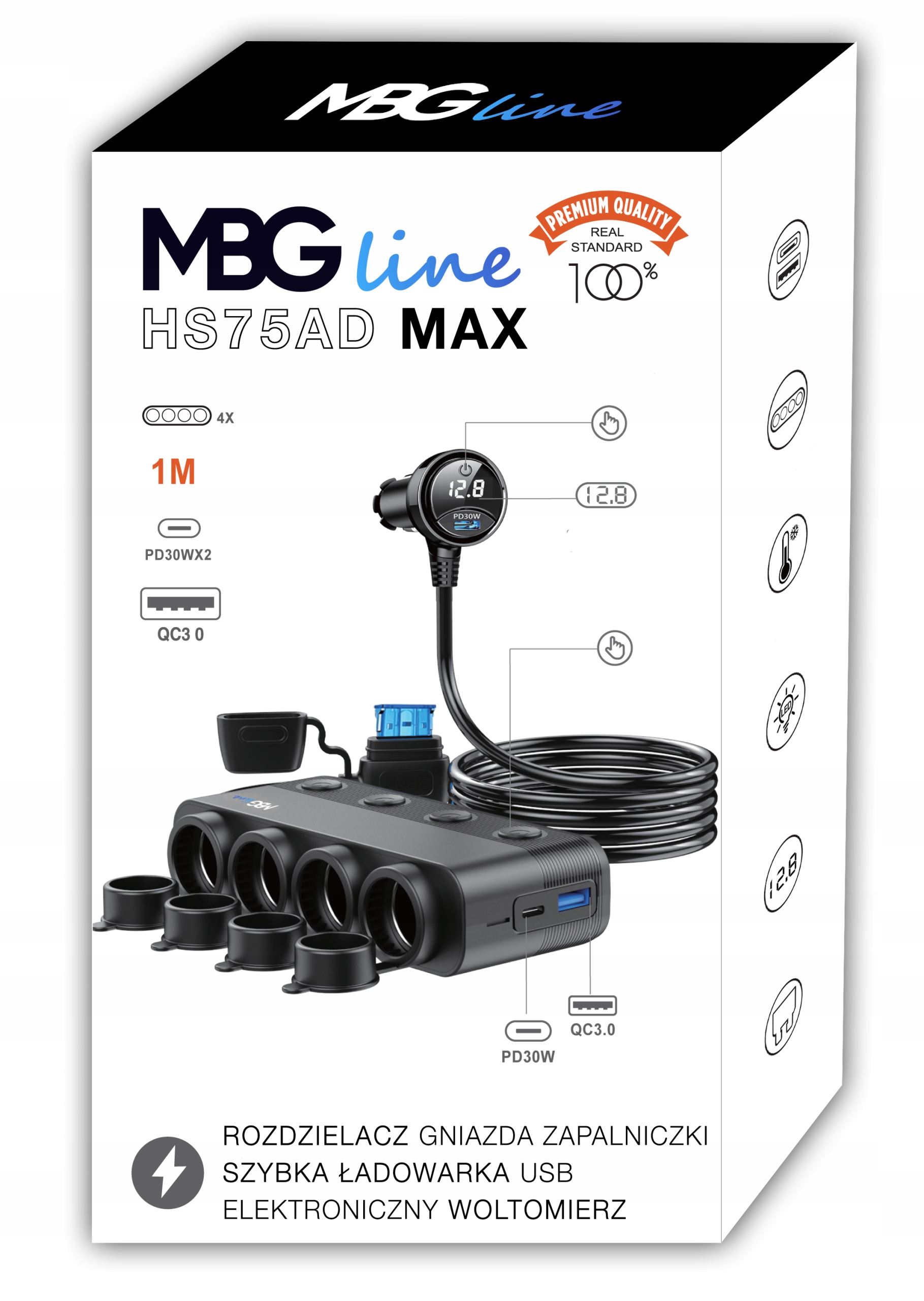 ROZDZIELACZ GNIAZDA ZAPALNICZKI 12V 24V ŁADOWARKA SAMOCHODOWA QC PD 3x USB - obrazek 3