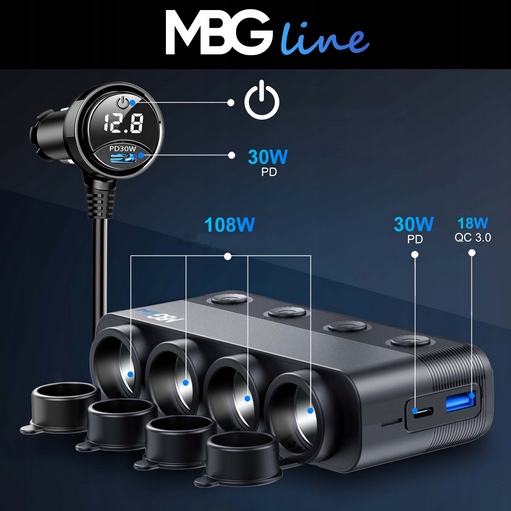 ROZDZIELACZ GNIAZDA ZAPALNICZKI 12V 24V ŁADOWARKA SAMOCHODOWA QC PD 3x USB - obrazek 6