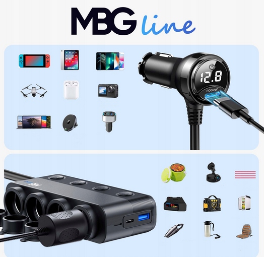 ROZDZIELACZ GNIAZDA ZAPALNICZKI 12V 24V ŁADOWARKA SAMOCHODOWA QC PD 3x USB - obrazek 12