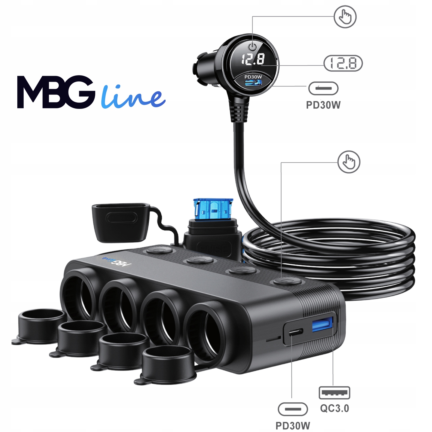 ROZDZIELACZ GNIAZDA ZAPALNICZKI 12V 24V ŁADOWARKA SAMOCHODOWA QC PD 3x USB - obrazek 2