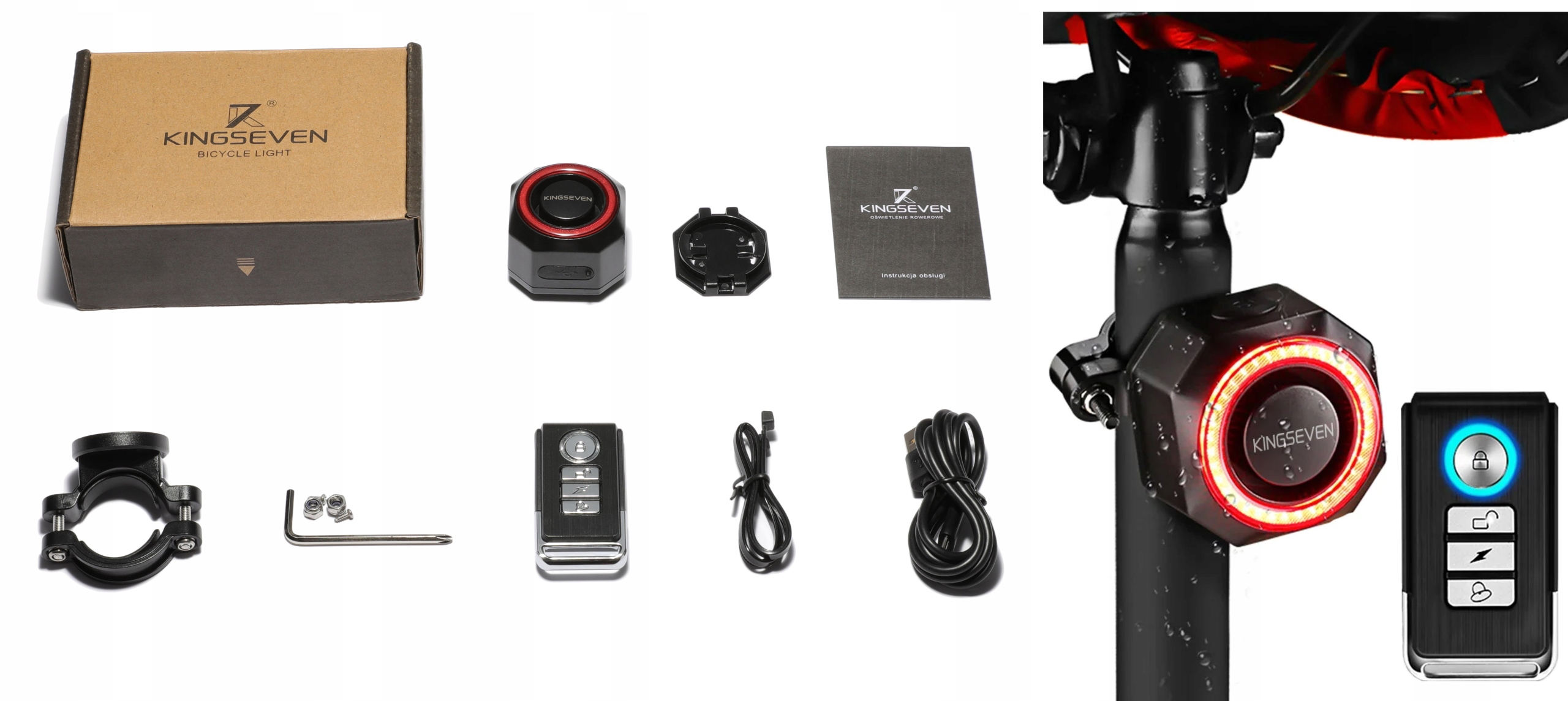ALARM ROWEROWY ANTYKRADZIEŻOWY LAMPKA TYLNA TYŁ ROWEROWA DZWONEK PILOT K7 - obrazek 12