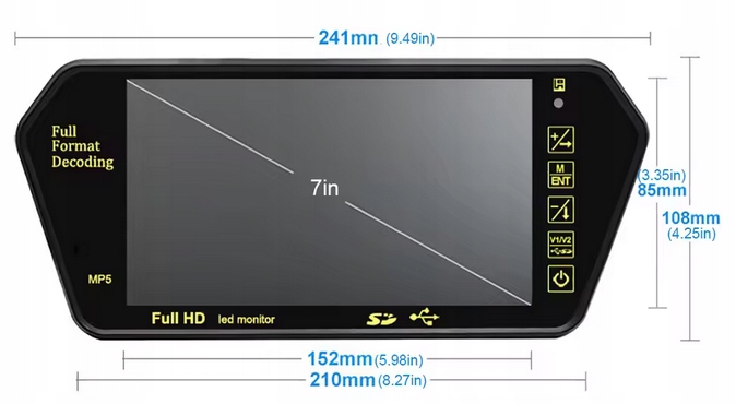MONITOR W LUSTERKU DO KAMERY COFANIA 7" HD USB SD BT EKRAN KAMERA - obrazek 5