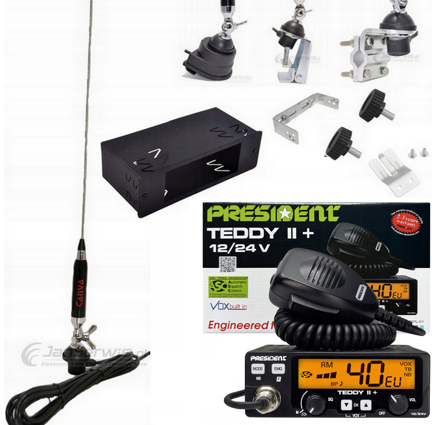 KOMPLETNY ZESTAW CB RADIO TEDDY II+ PÓŁKIESZEŃ ANTENA+ UCHWYT TIR BUS 12/24V