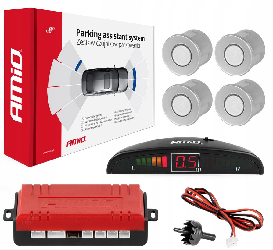 ZESTAW CZUJNIKÓW PARKOWANIA COFANIA LED 4 SENSORY SREBRNE AMIO-01564