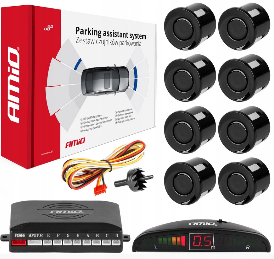 CZUJNIKI PARKOWANIA COFANIA LED 8 SENSORÓW CZARNE AMIO-01560