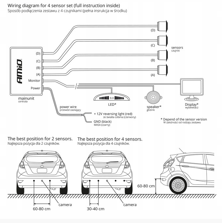 ZESTAW CZUJNIKÓW PARKOWANIA COFANIA LED 4 SENSORY SREBRNE AMIO-01564 - obrazek 7