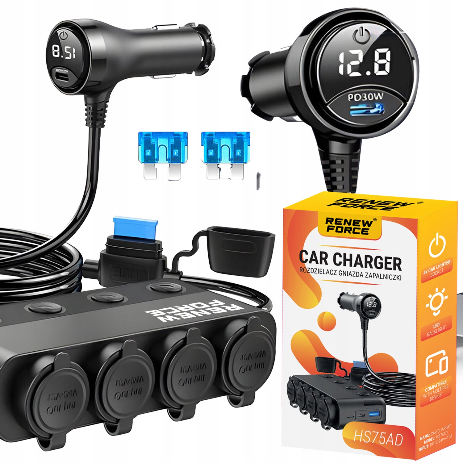 ROZDZIELACZ GNIAZDA ZAPALNICZKI 12V 24V 3x USB ŁADOWARKA SAMOCHODOWA QC 3.0