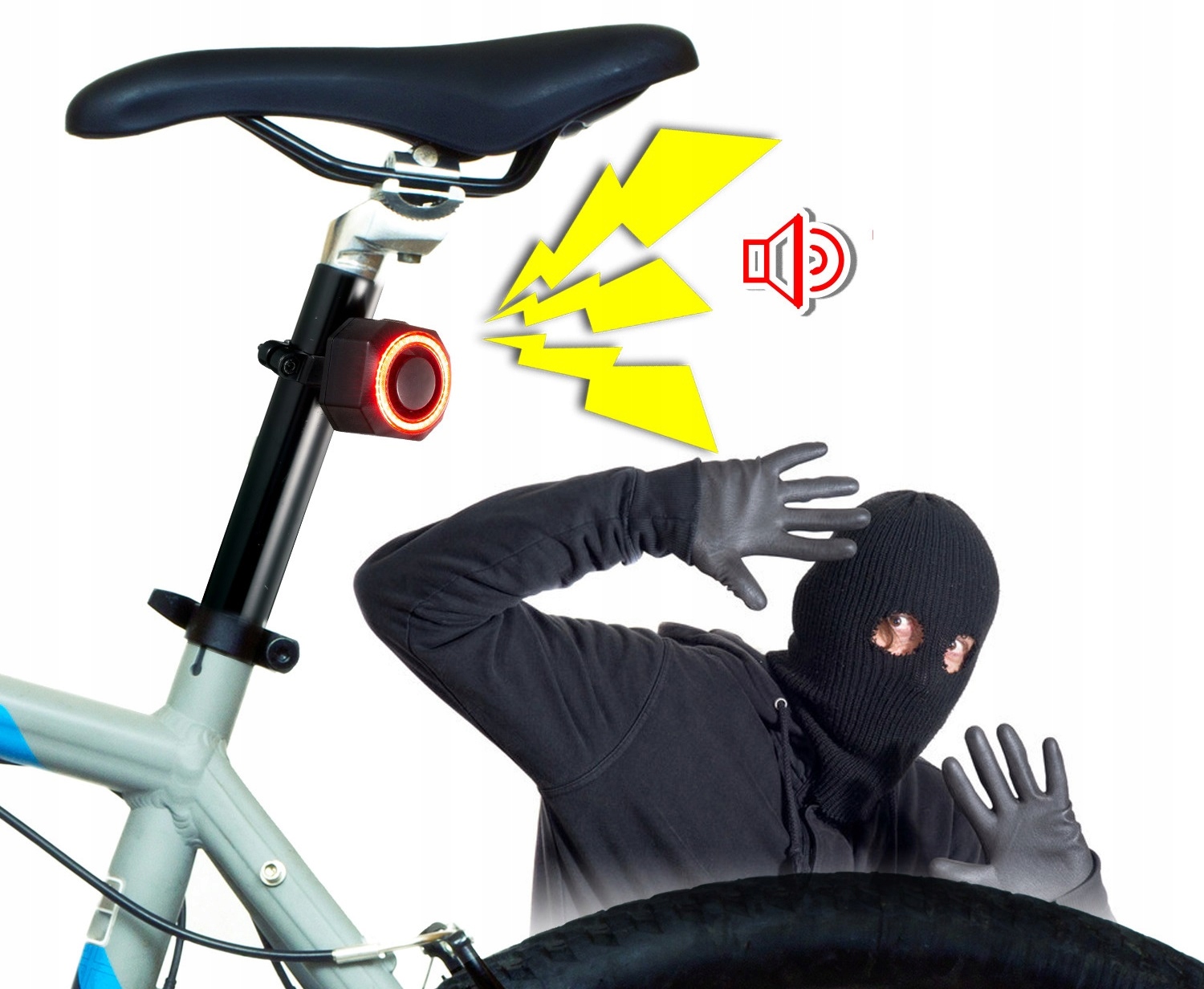 ALARM ROWEROWY BEZPRZEWODOWY DZWONEK 110dB + PILOT LAMPKA LED TYLNA TYŁ - obrazek 7