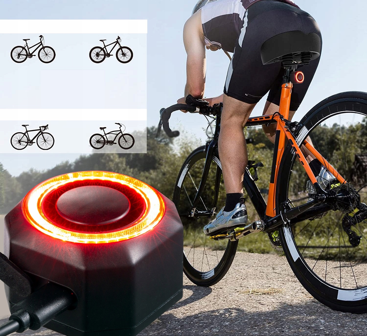 ALARM ROWEROWY BEZPRZEWODOWY DZWONEK 110dB + PILOT LAMPKA LED TYLNA TYŁ - obrazek 3