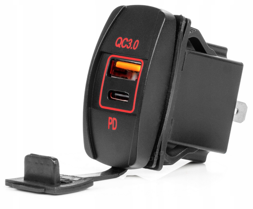 ŁADOWARKA SAMOCHODOWA Z GNIAZDAMI USB + USB-C QC3.0 12V 24V AMIO-04229