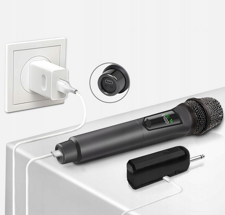 MIKROFON BEZPRZEWODOWY DYNAMICZNY ŁADOWALNY 50M KARAOKE JACK MINI JACK 2SZT - obrazek 6