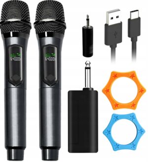 MIKROFON BEZPRZEWODOWY DYNAMICZNY ŁADOWALNY 50M KARAOKE JACK MINI JACK 2SZT