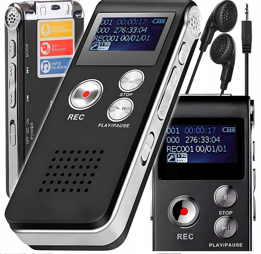 PODSŁUCH SZPIEGOWSKI PLUSKWA MAŁY DYKTAFON DETEKCJA GŁOS 15H 8GB SŁUCHAWKI